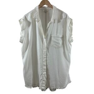 Umgee + Womens 1XL White Linen Cotton Frayed Hem Sleeveless Button Down